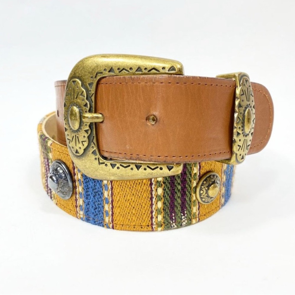 Ginnie Johansen Leather and Woven Belt with Brass Buckle Navajo